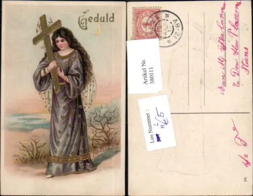 380111,Präge Künstler Litho Frau Engel m. Kreuz Geduld Goldschrift Religion
