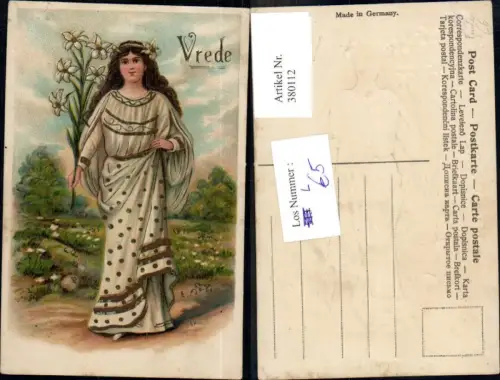 380112,Künstler Litho Frau m. Lilie Blumen Vrede Friede Goldschrift Religion
