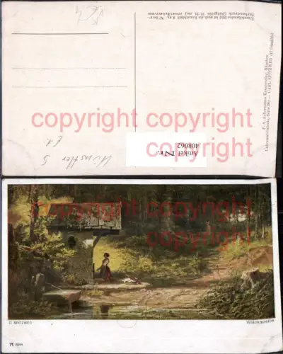 408062,Künstler Ak C. Spitzweg Waldkapelle Frau betet Kapelle Bildstock Flurkreuz pub F. A. Ackermann 289