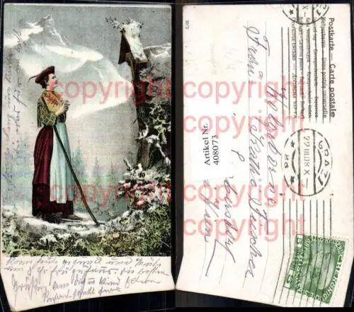 408073,Frau Gebet Bildstock Flurkreuz Religion Bergkulisse Tracht