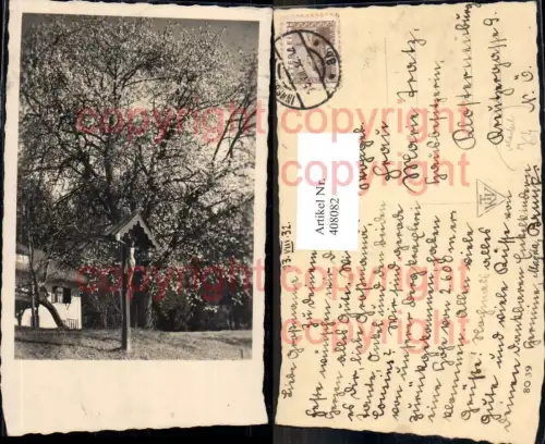 408082,Foto Ak Marterl Bildstock Flurkreuz v. Haus Blühender Baum Religion