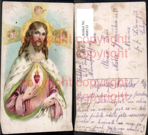 408133,Litho Herz Jesu Jesus Engel Engelsköpfe Heiligenschein Religion