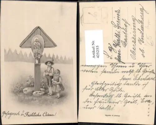 425255,Künstler Ak Kinder beten v. Bildstock Flurkreuz Puppe Religion