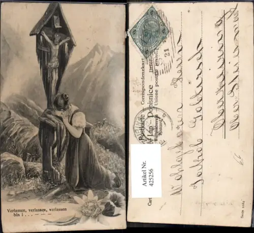 425256,Künstler Ak Frau Trauer v. Bildstock Flurkreuz Religion