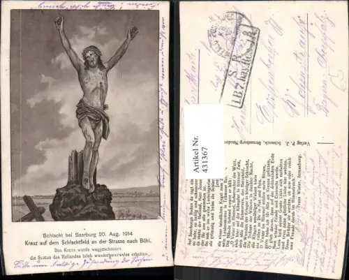 431367,Kreuz Schlachtfeld Saarburg Strasse n. Bühl 1914 Jesus a. Kreuz Religiöse Kriegspropaganda