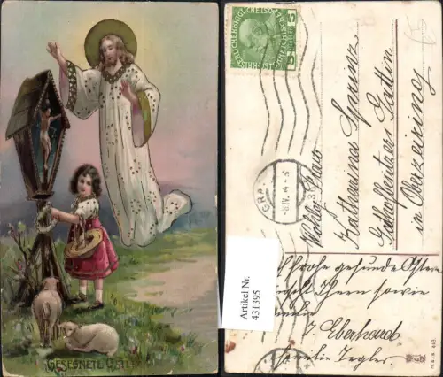 431395,Bildstock Flurkreuz Mädchen Jesus Schafe Goldverzierung