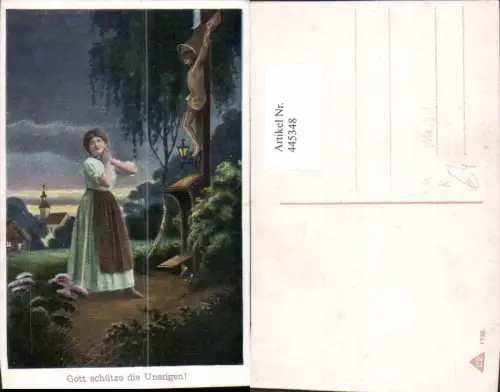 445348,Künstler Ak Frau Gebet Flurkreuz Kreuz Bildstock Religion Spruch