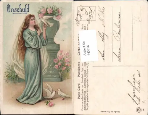 445356,Präge Künstler Litho Unschuld Frau m. Tauben Religion
