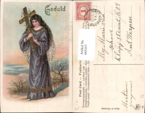 445357,Präge Künstler Litho Geduld Frau trägt Kreuz Religion