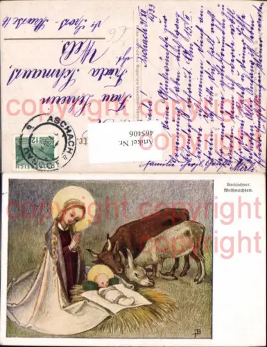 465406,Künstler Ak Bachlehner Religion Maria Jesuskind Ochse Esel Heiligenschein