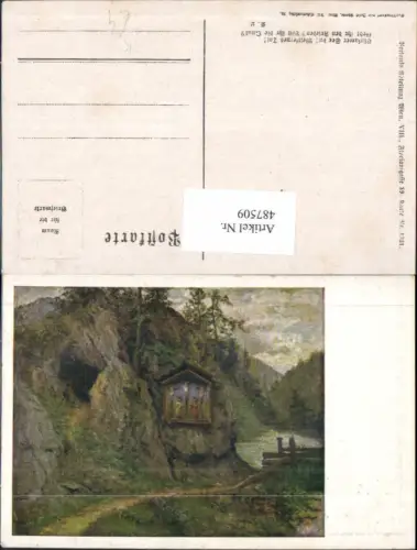 487509,Künstler Ak Bildstock Flurkreuz auf Felsen Landschaft Marterl