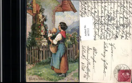487512,Künstler Ak Frau m. Kind Gebet vor Bildstock Flurkreuz Statue pub Ottmar Zieher