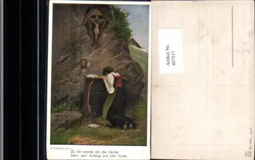 487517,Künstler Ak M. Kuglmayr Frau weint v. Marterl Bildstock Flurkreuz pub Imita 1419