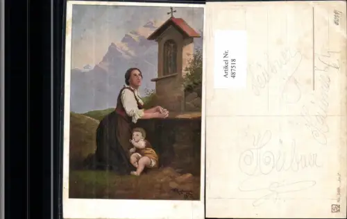 487518,Künstler Ak M. Kuglmayr Frau m. Kind v. Marterl Bildstock Flurkreuz pub Imita 1459