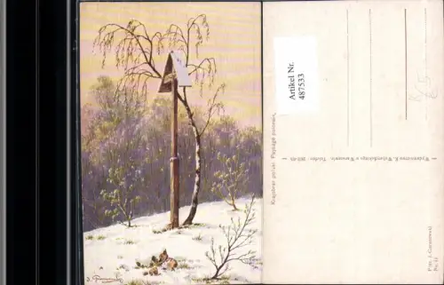 487533,Künstler Ak J. Guranowski Marterl Bildstock Flurkreuz Winterlandschaft