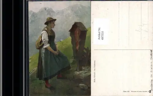 487535,Künstler Ak Math. Schmid Am Feldkreuz Frau Bildstock Flurkreuz