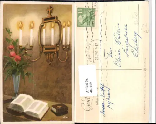 489159,Künstler AK Bibel Blumen Kerzen Leuchter Religion