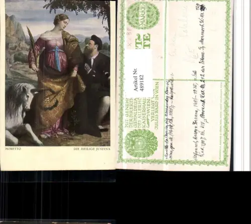 489182,Künstler AK Moretto Heilige Justina Einhorn Fabelwesen Religion