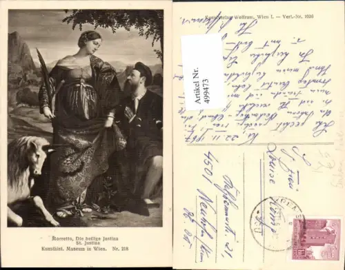 499473,Künstler Ak Moretto Die Heilige Justina Einhorn Fabelwesen