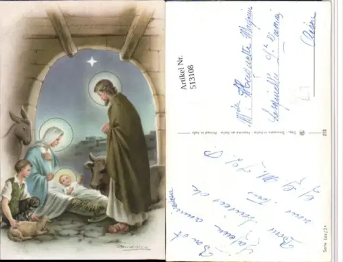 513108,Künstler AK Krippe Maria Josef Jesuskind Stern Esel Lamm