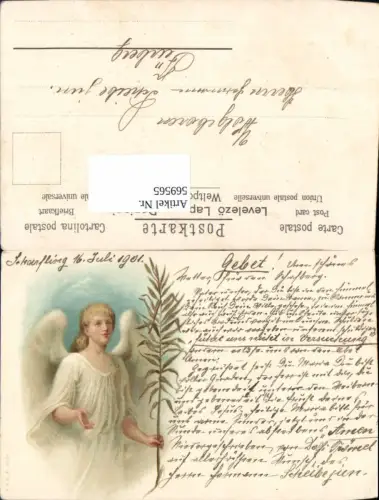569565,tolle Lithographie Engel m. Palmblatt 1901