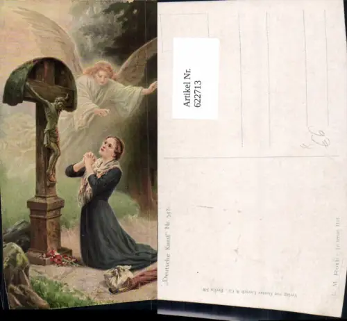 622713,Künstler Ak L. M. Roth In treuer Hut Engel Wegkreuz Frau Gebet Religion