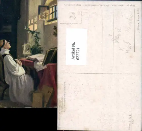 622721,Künstler Ak M. Martinkova Frühlingsbote Mönch Schwalbe Vogel Schreiben Lesen Religion