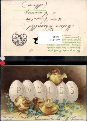 104930,Präge Litho Küken tanzen auf Ostereier Blumen