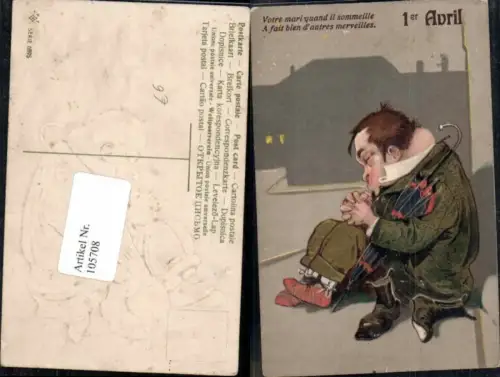 105708,Präge Litho Betrunkener Mann schläft Juxkarte Schirm