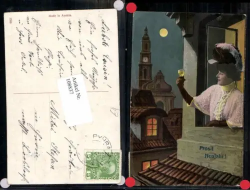 108837,Frau m. grossen Hut Mond Moon Sektglas Mode Fashion Hat Kirche Neujahr
