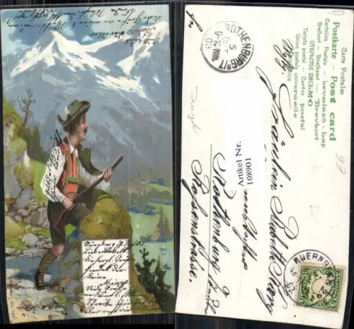 108901,Litho Jagd Jäger Gewehr m. Hut in den Bergen 1903