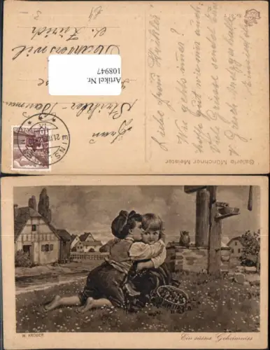 108947,W. Krüger Kinder küssen sich Kirschen im Korb Obst Brunnen Galerie Münchener Meister 61