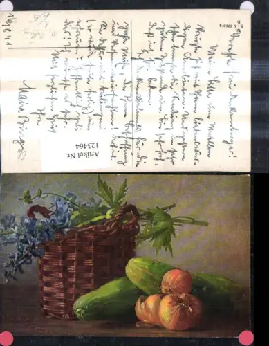 123464,Künstler Ak M. Billing Essen Stillleben Gemüse Gurke Zwiebel Korb Blumen