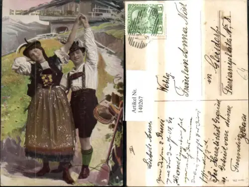 140267,Liebe Paar Liebespaar i. Tracht v. Haus Tanz Spruch Text