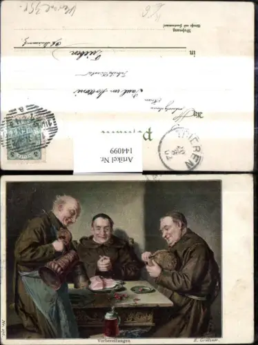 144099,Künstler Ak E. Grützner Vorbereitungen Mönche Bier Schinken Brot Bierkrug