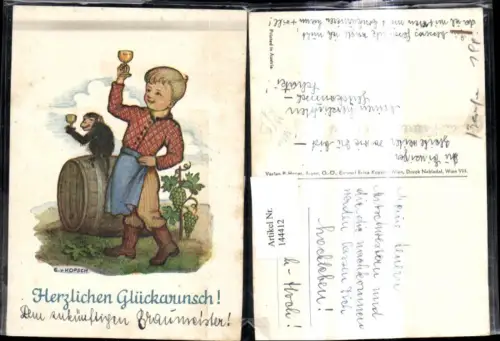 144412,Künstler Ak E. v. Kopsch Bub Junge Affe m. Wein Weinglas Fass Herzlichen Glückwunsch
