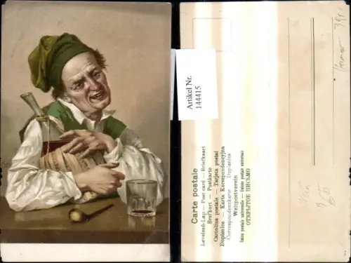 144415,KünstlerAk Mann m. Korbflasche Wein Pfeife a. Tisch