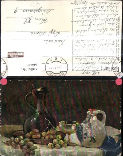 144440,Künstler Ak H. Recker Stillleben Wein Weintrauben Krug Glas