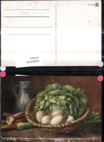 144464,Künstler Ak M. Billing Stillleben Korb m. Eier Salatkopf Rhabarberstangen Krug