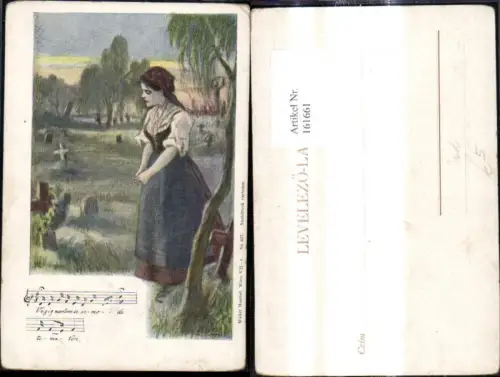 161661,Künstler Ak Frau a. Grab Tod Notenzeile Text