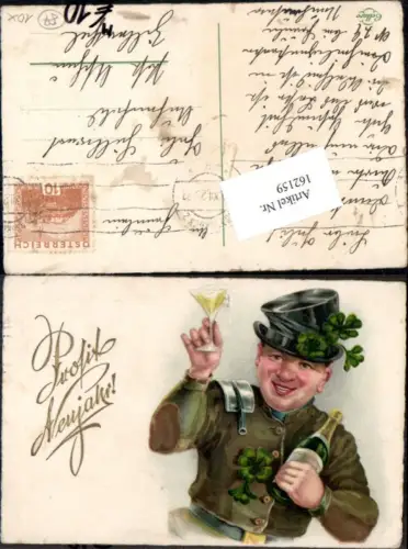 162159,Neujahr Schornsteinfeger Rauchfangkehrer Flasche Sektglas Sekt Hut Klee