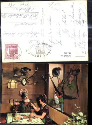 163331,Jagd Weidmannsheil Jäger u. Frau Jause i. Gasthaus Wein Prost
