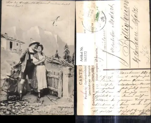 163372,Künstler Ak Fec. Ch. Scolik Jagd Jäger m. Frau Tracht