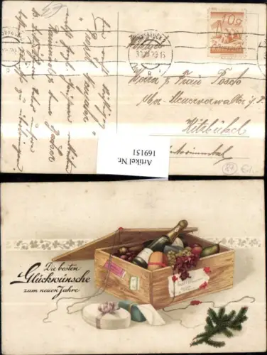 169151,Neujahr Kiste mit Wein Äpfel Birnen Blätter Geschenke Tannenzweig