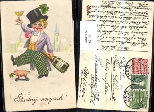 169176,Neujahr Kind Anzug Blume Sekt Hut Kleeblatt Schwein Dorf Kirche