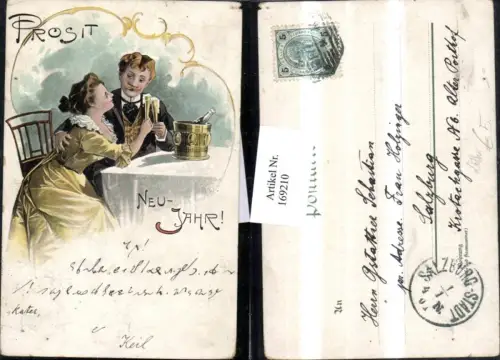 169210,Neujahr Litho AK Frau und Mann stoßen mit Sekt an Eimer mit Sekt