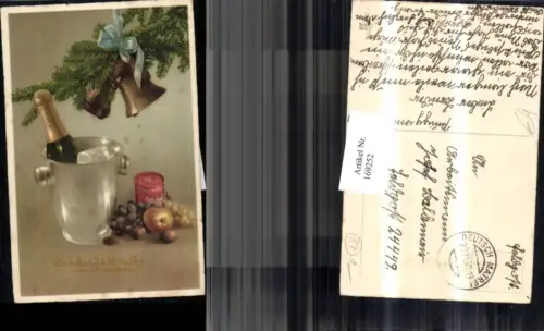 169252,Neujahr Tannenzweige Glocken Schleife Sekt Trauben Apfel Nüsse