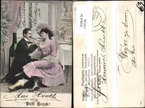 170198,Neujahr Frau Mann m. Sektglas m. Riesen Flasche Tisch