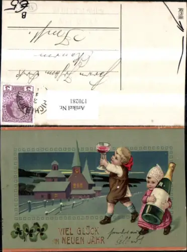 170281,Neujahr Schneelandschaft Kirche Häuser Kleeblätter Klee Kinder Wein Weinglas