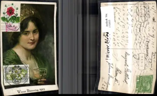 172055,Künstler Ak Wiener Blumentag 1964 Frau mit Krone Weinglas Wein